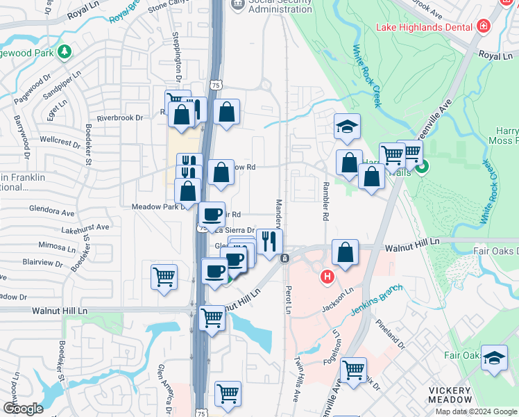 map of restaurants, bars, coffee shops, grocery stores, and more near 7735 Manderville Lane in Dallas