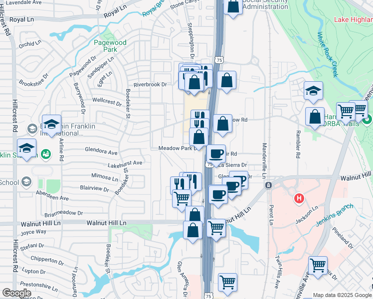 map of restaurants, bars, coffee shops, grocery stores, and more near 10209 Regal Oaks Drive in Dallas