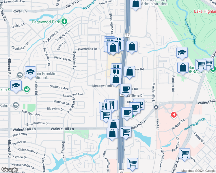map of restaurants, bars, coffee shops, grocery stores, and more near 10209 Regal Oaks Drive in Dallas