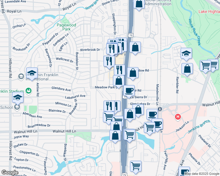 map of restaurants, bars, coffee shops, grocery stores, and more near 10209 Regal Oaks Drive in Dallas