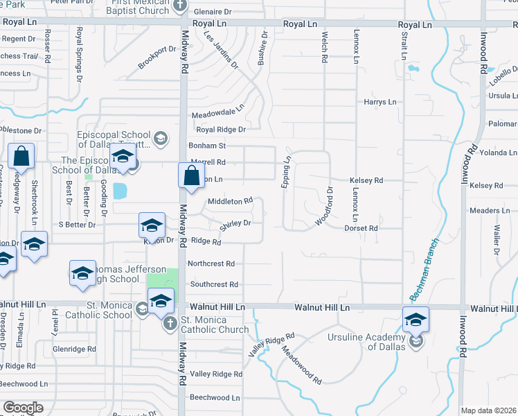 map of restaurants, bars, coffee shops, grocery stores, and more near 4421 Middleton Road in Dallas