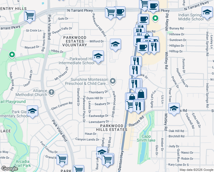 map of restaurants, bars, coffee shops, grocery stores, and more near 5540 Cranberry Drive in Fort Worth