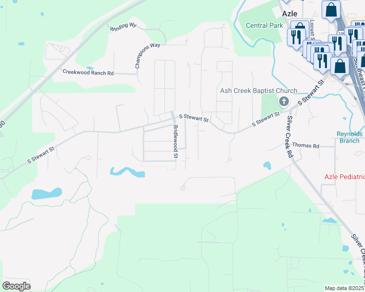 map of restaurants, bars, coffee shops, grocery stores, and more near 133 Bridlewood Street in Azle