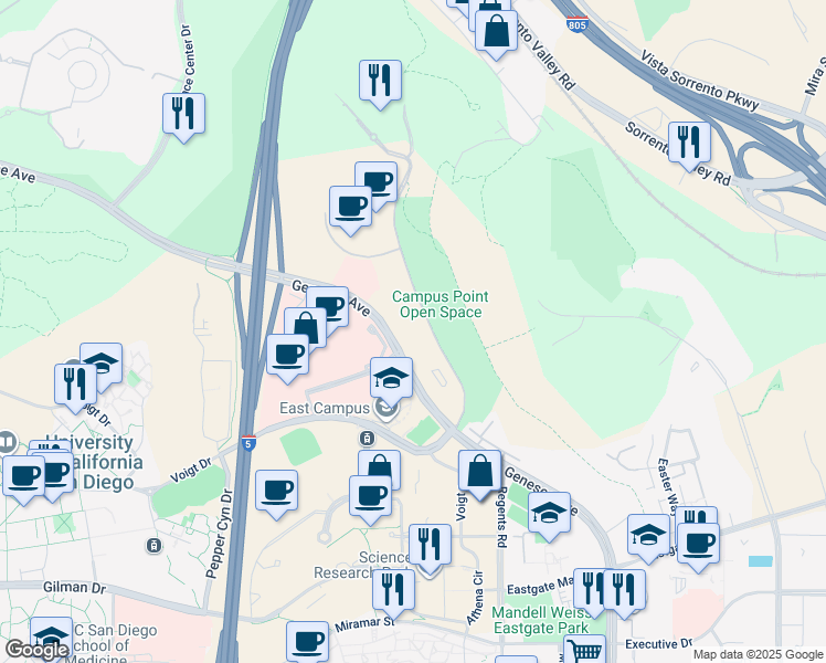 map of restaurants, bars, coffee shops, grocery stores, and more near 9880 Campus Point Drive in San Diego