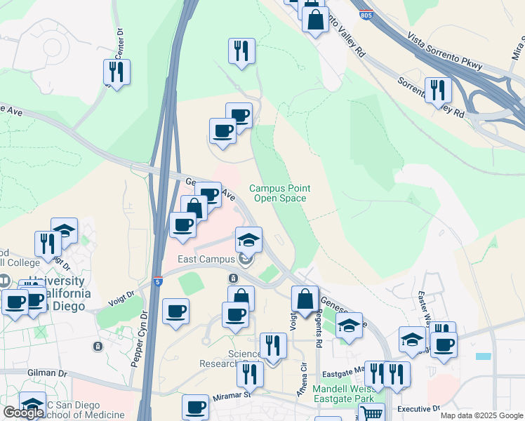 map of restaurants, bars, coffee shops, grocery stores, and more near 9880 Campus Point Drive in San Diego