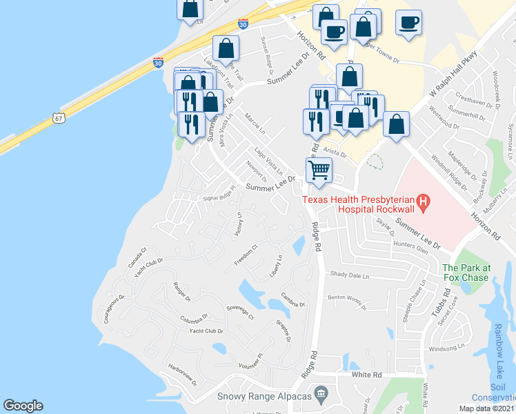 map of restaurants, bars, coffee shops, grocery stores, and more near 5208 Yacht Club Drive in Rockwall