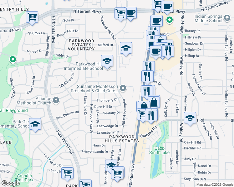 map of restaurants, bars, coffee shops, grocery stores, and more near 5540 Cranberry Drive in Fort Worth
