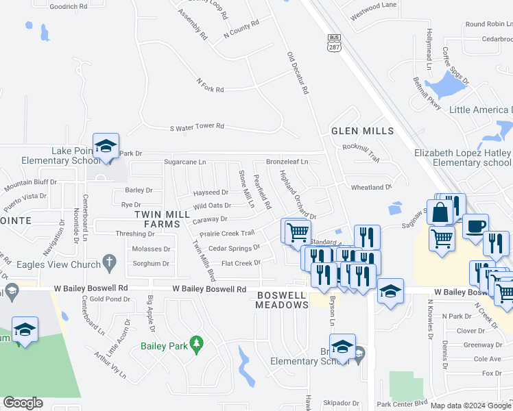 map of restaurants, bars, coffee shops, grocery stores, and more near 9008 Stone Mill Lane in Fort Worth