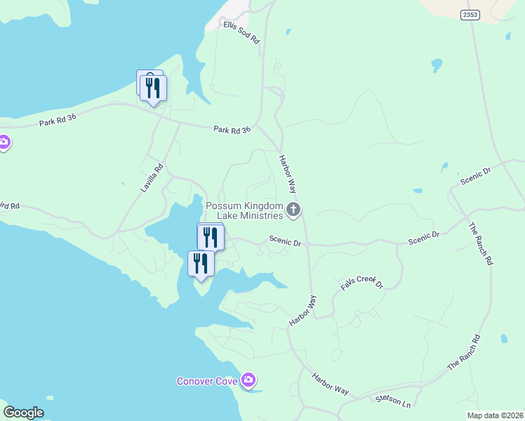 map of restaurants, bars, coffee shops, grocery stores, and more near 250 Harbour Town Drive in Graford