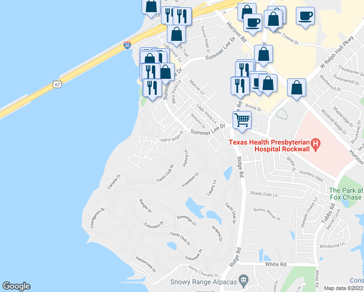 map of restaurants, bars, coffee shops, grocery stores, and more near 103 Mayflower Court in Rockwall