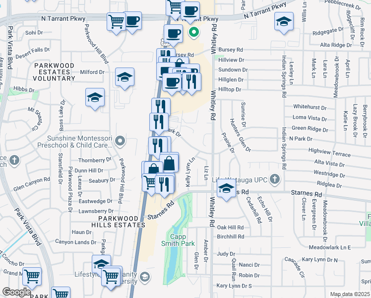 map of restaurants, bars, coffee shops, grocery stores, and more near 5800 North Park Drive in Watauga