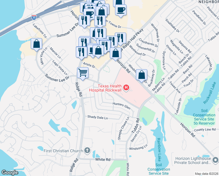 map of restaurants, bars, coffee shops, grocery stores, and more near 909 Rockwall Parkway in Rockwall