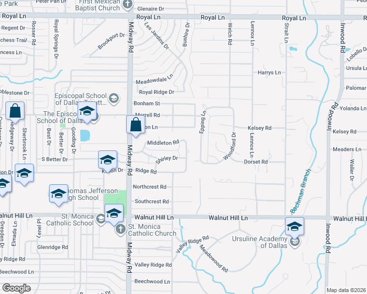map of restaurants, bars, coffee shops, grocery stores, and more near 4421 Middleton Road in Dallas