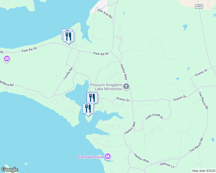 map of restaurants, bars, coffee shops, grocery stores, and more near 250 Harbour Town Drive in Graford