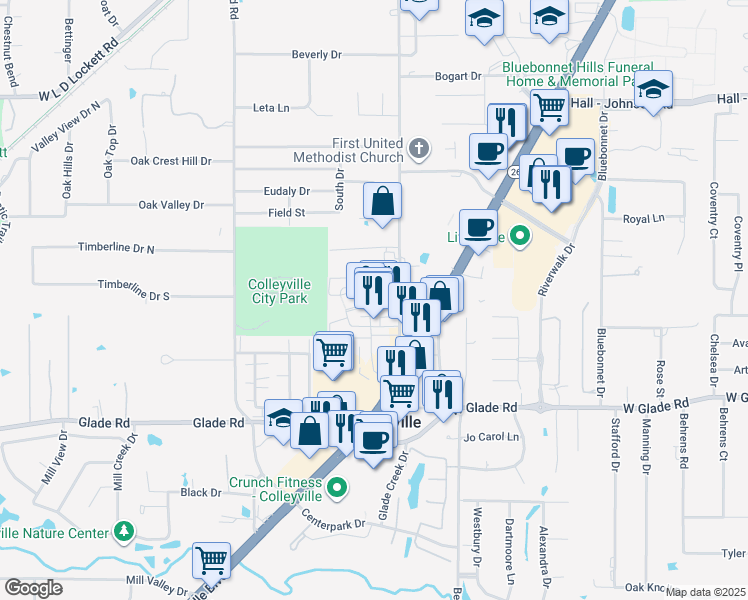 map of restaurants, bars, coffee shops, grocery stores, and more near 62 Main Street in Colleyville