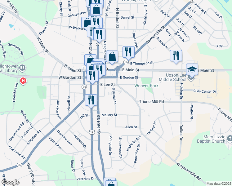 map of restaurants, bars, coffee shops, grocery stores, and more near 216 East Lee Street in Thomaston