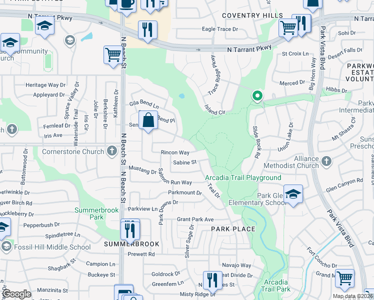 map of restaurants, bars, coffee shops, grocery stores, and more near 8008 Truxton Court in Fort Worth