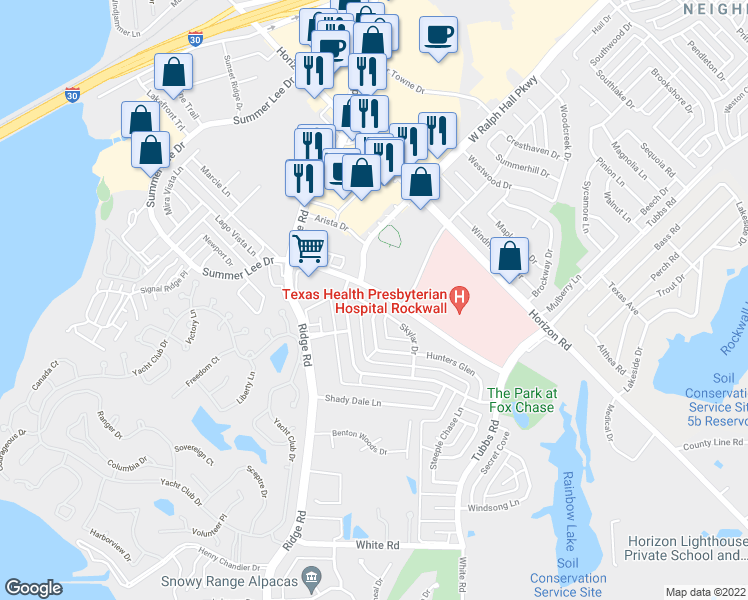 map of restaurants, bars, coffee shops, grocery stores, and more near 1205 Skylar Drive in Rockwall