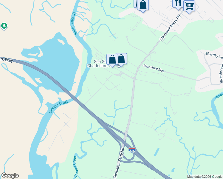 map of restaurants, bars, coffee shops, grocery stores, and more near 1033 Pinefield Drive in Charleston
