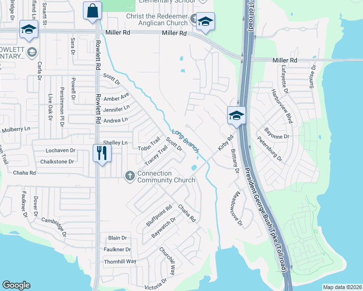 map of restaurants, bars, coffee shops, grocery stores, and more near 4117 Scott Drive in Rowlett