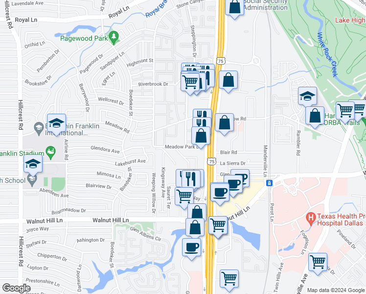 map of restaurants, bars, coffee shops, grocery stores, and more near 10209 Regal Oaks Drive in Dallas