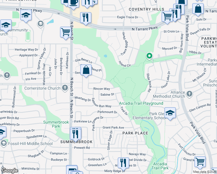 map of restaurants, bars, coffee shops, grocery stores, and more near 8008 Truxton Court in Fort Worth