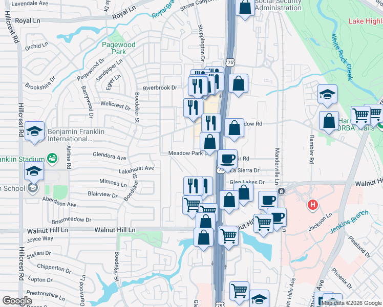 map of restaurants, bars, coffee shops, grocery stores, and more near 10201 Regal Oaks Drive in Dallas