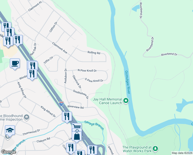 map of restaurants, bars, coffee shops, grocery stores, and more near 1075 North Pine Knoll Drive in Macon