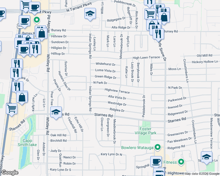 map of restaurants, bars, coffee shops, grocery stores, and more near 6436 North Park Drive in Watauga