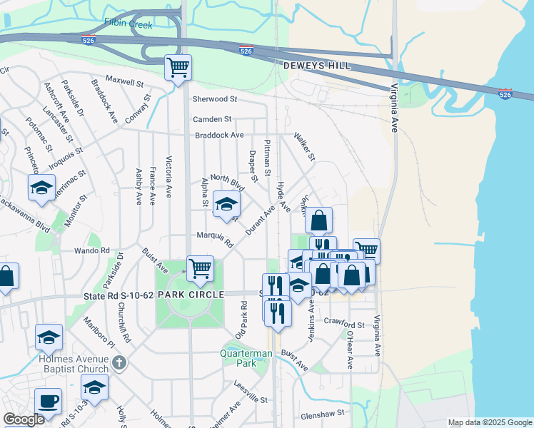 map of restaurants, bars, coffee shops, grocery stores, and more near 5201 North Boulevard in North Charleston