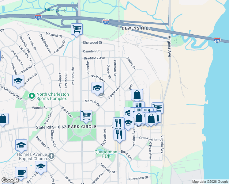 map of restaurants, bars, coffee shops, grocery stores, and more near 5201 North Boulevard in North Charleston