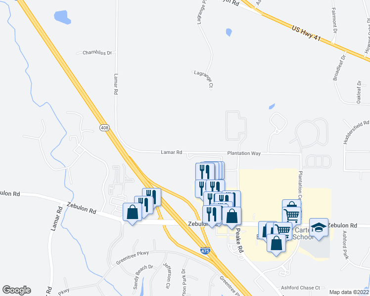 map of restaurants, bars, coffee shops, grocery stores, and more near 421 Lamar Road in Macon