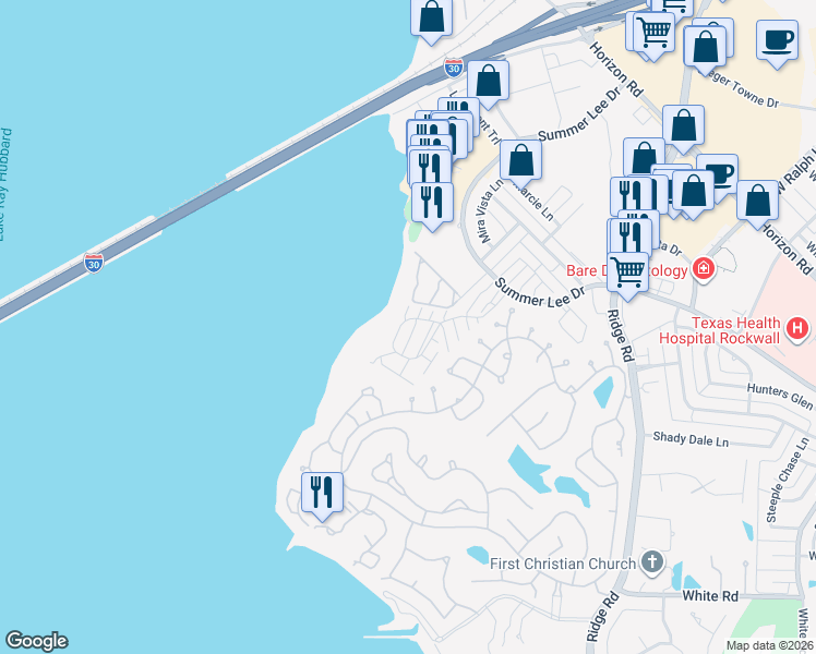 map of restaurants, bars, coffee shops, grocery stores, and more near 1812 Signal Ridge Place in Rockwall