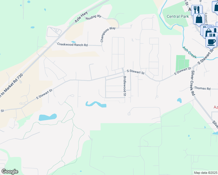 map of restaurants, bars, coffee shops, grocery stores, and more near 604 Cameron Way in Azle