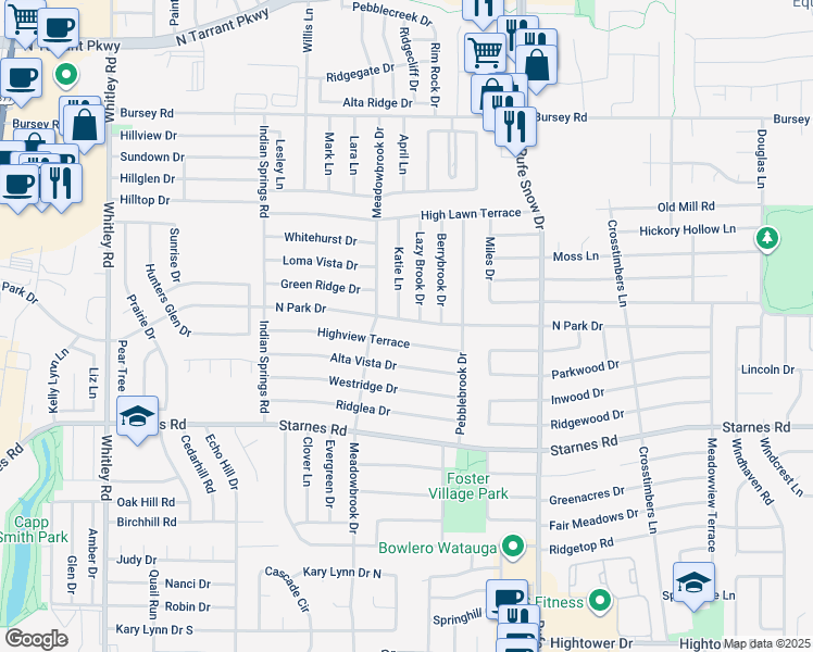 map of restaurants, bars, coffee shops, grocery stores, and more near 7901 Katie Lane in Watauga