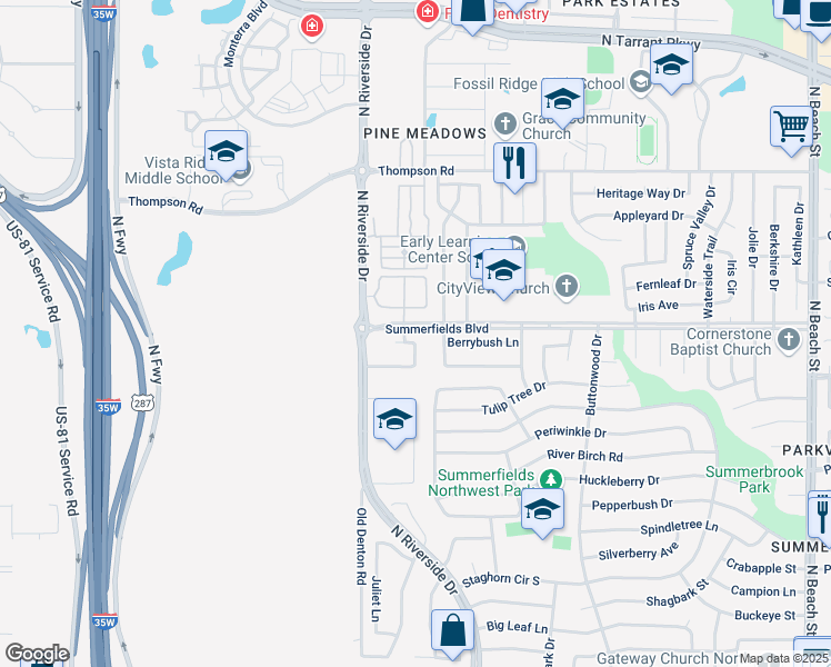map of restaurants, bars, coffee shops, grocery stores, and more near 3624 Caroline Court in Fort Worth