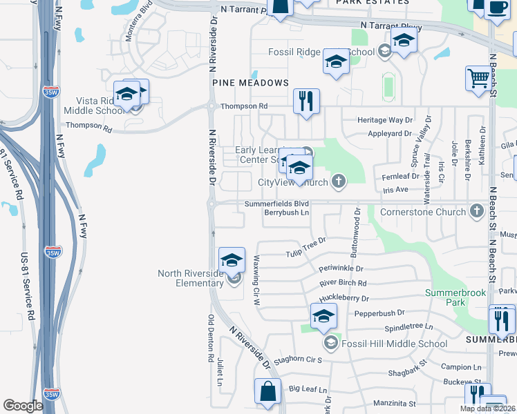 map of restaurants, bars, coffee shops, grocery stores, and more near 7928 Cannonwood Drive in Fort Worth