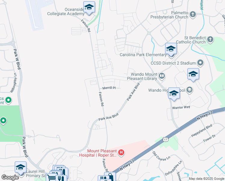 map of restaurants, bars, coffee shops, grocery stores, and more near Park Avenue Boulevard in Mount Pleasant