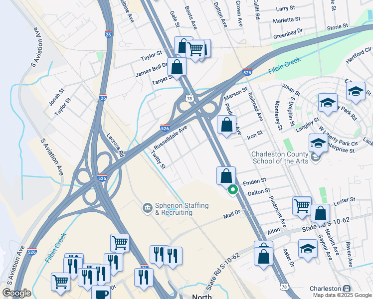 map of restaurants, bars, coffee shops, grocery stores, and more near 2110 Rebecca Street in North Charleston
