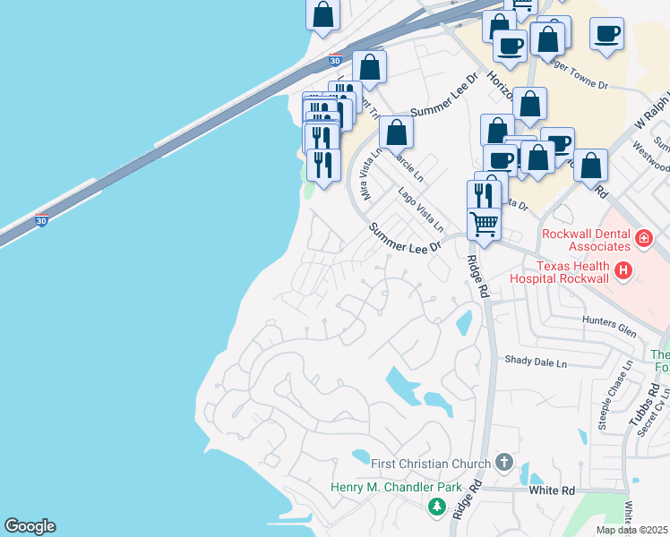 map of restaurants, bars, coffee shops, grocery stores, and more near 927 Signal Ridge Place in Rockwall
