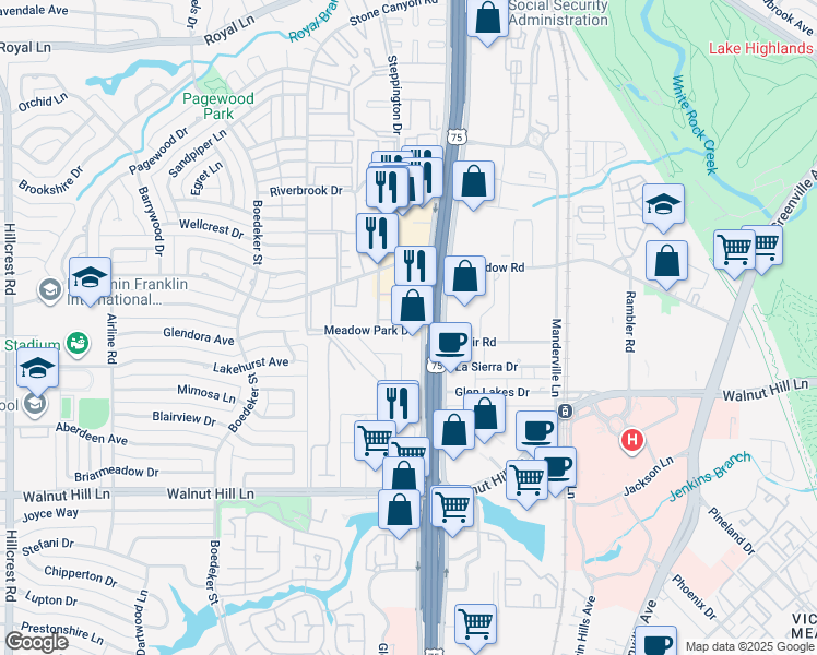 map of restaurants, bars, coffee shops, grocery stores, and more near 10219 North Central Expressway in Dallas