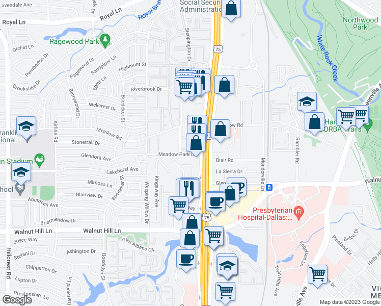 map of restaurants, bars, coffee shops, grocery stores, and more near 10219 North Central Expressway in Dallas