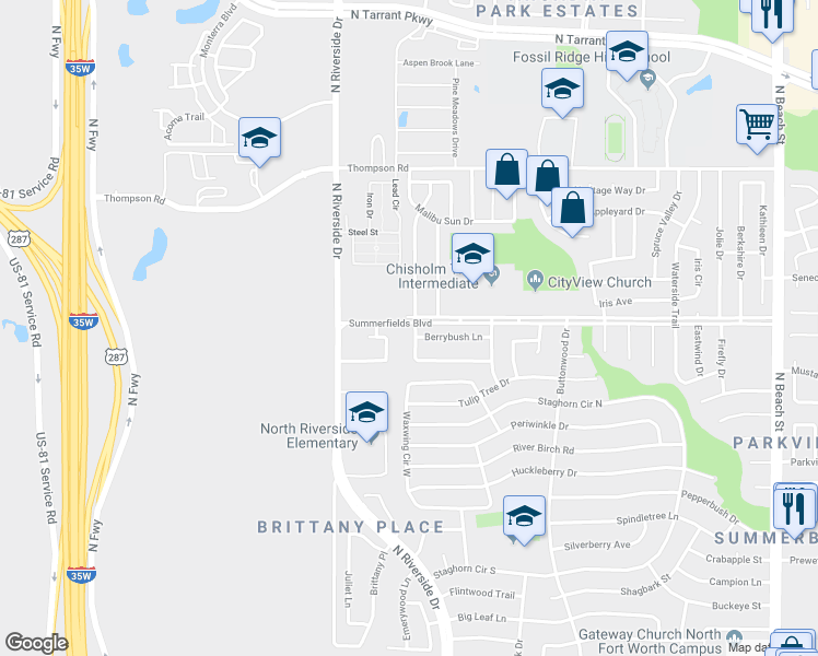 map of restaurants, bars, coffee shops, grocery stores, and more near 8000 Cannonwood Drive in Fort Worth