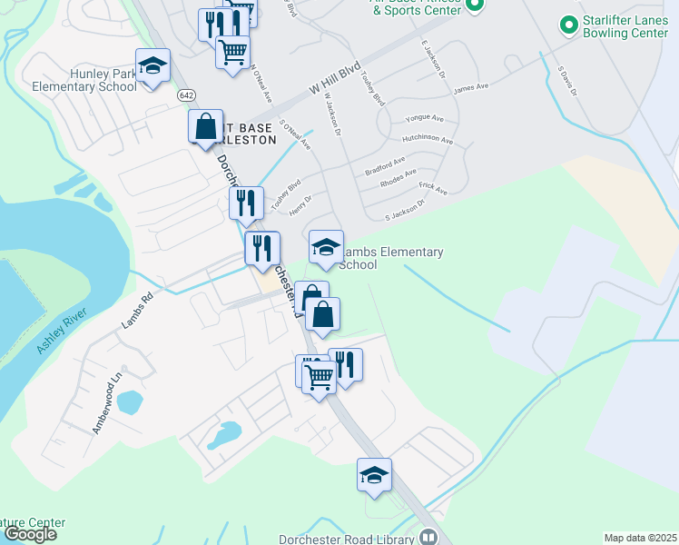 map of restaurants, bars, coffee shops, grocery stores, and more near 6800 Dorchester Road in North Charleston