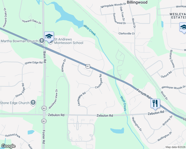 map of restaurants, bars, coffee shops, grocery stores, and more near 103 Manor Row in Macon