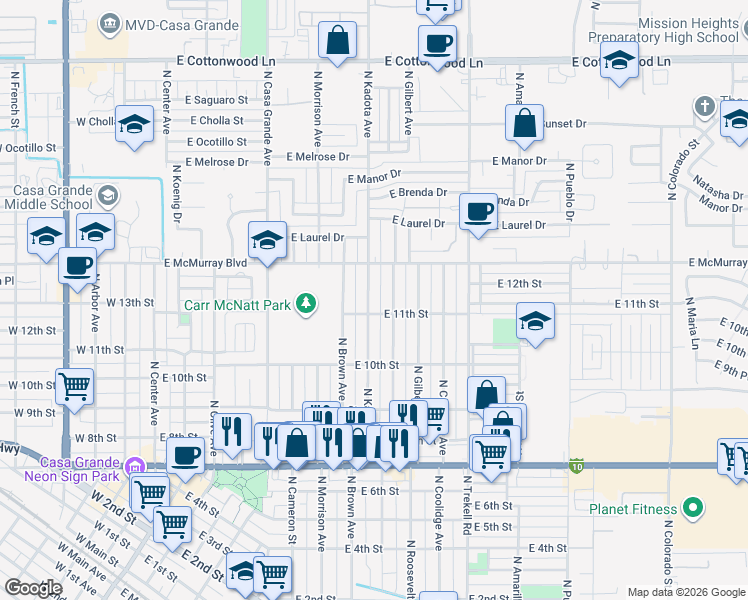 map of restaurants, bars, coffee shops, grocery stores, and more near 1108 North Kadota Avenue in Casa Grande
