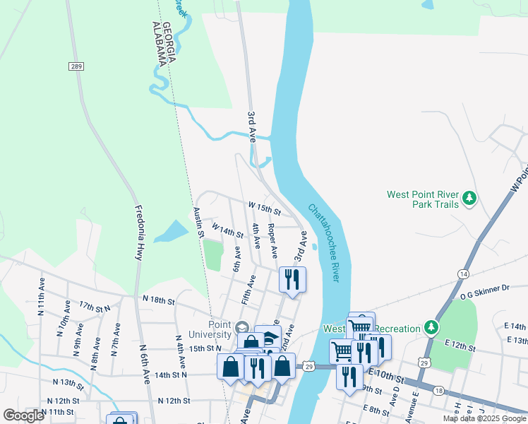 map of restaurants, bars, coffee shops, grocery stores, and more near 1421 Roper Avenue in West Point