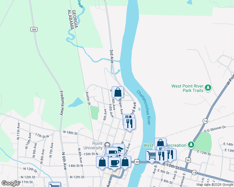 map of restaurants, bars, coffee shops, grocery stores, and more near 500 West 15th Street in West Point