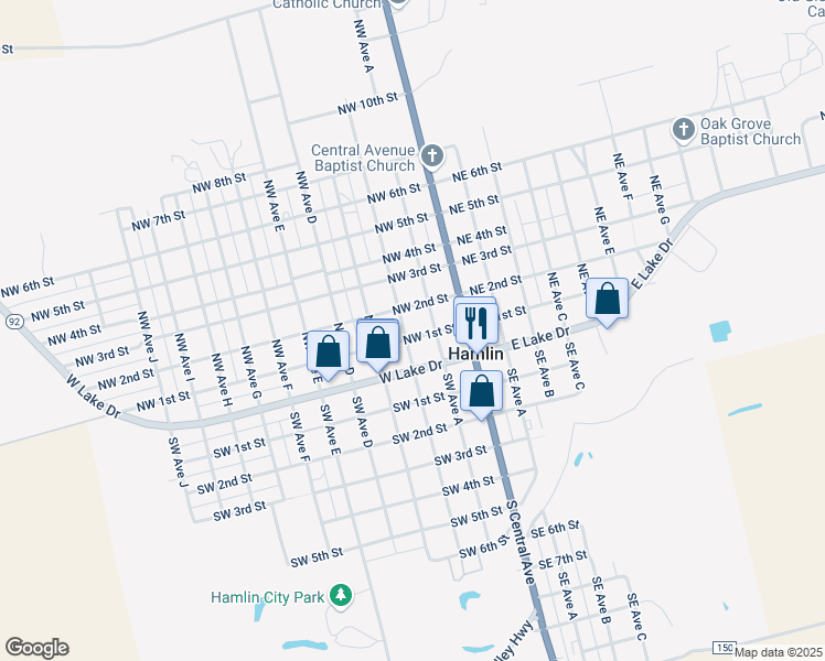 map of restaurants, bars, coffee shops, grocery stores, and more near 148 Northwest Avenue B in Hamlin