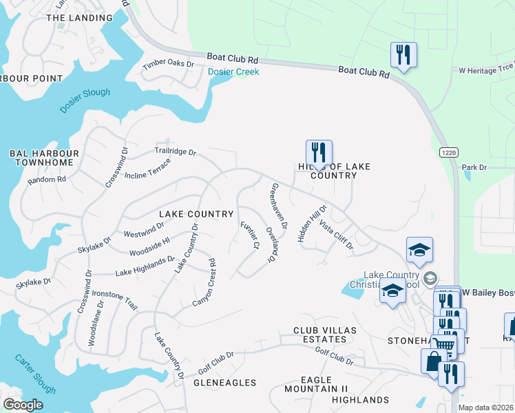 map of restaurants, bars, coffee shops, grocery stores, and more near 7451 Aspen Wood Court in Fort Worth